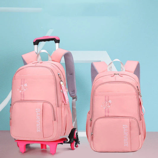 Durable nylon school backpack with retractable trolley handle and smooth-rolling wheels for easy transport