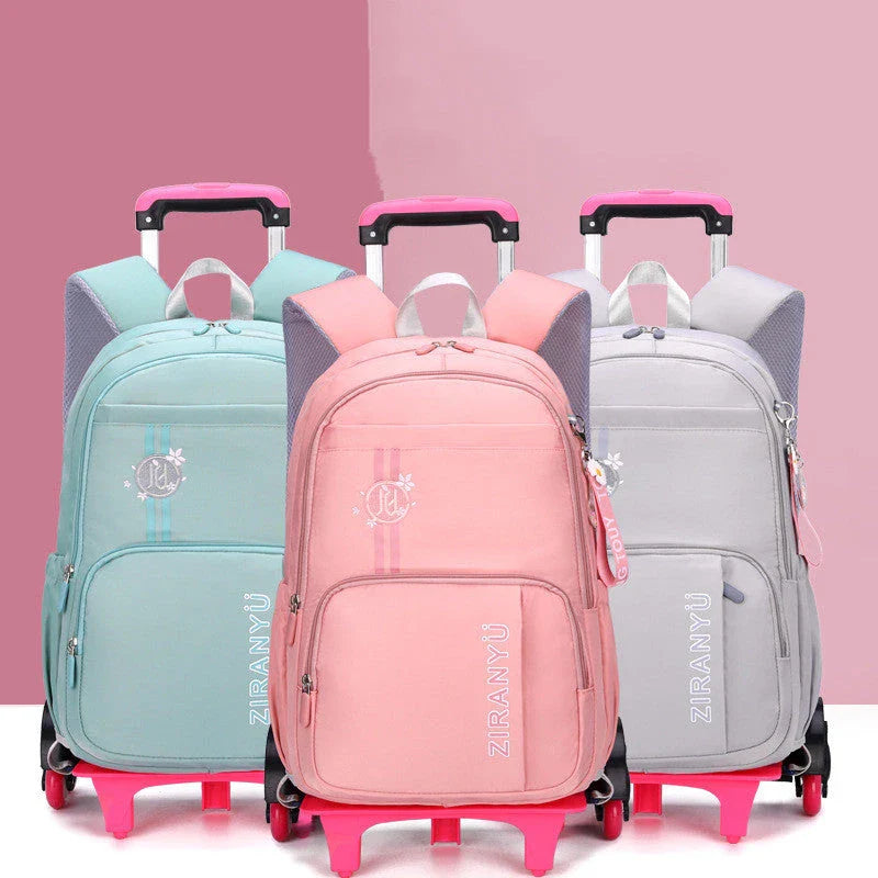 Durable nylon school backpack with retractable trolley handle and smooth-rolling wheels for easy transport