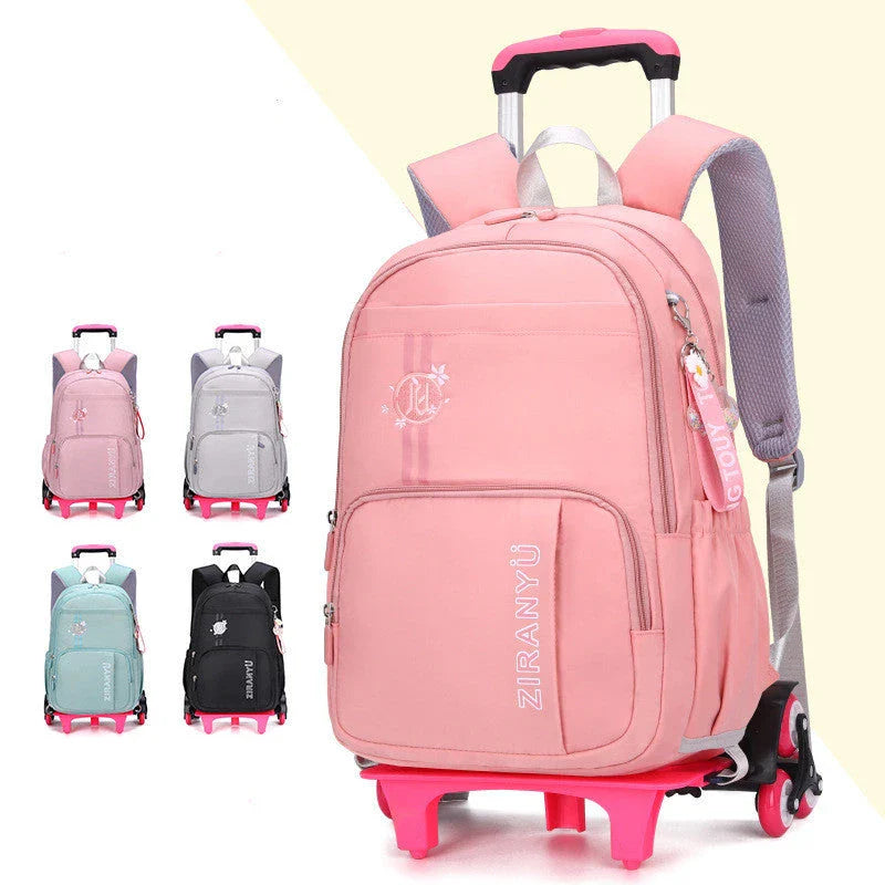 Durable nylon school backpack with retractable trolley handle and smooth-rolling wheels for easy transport