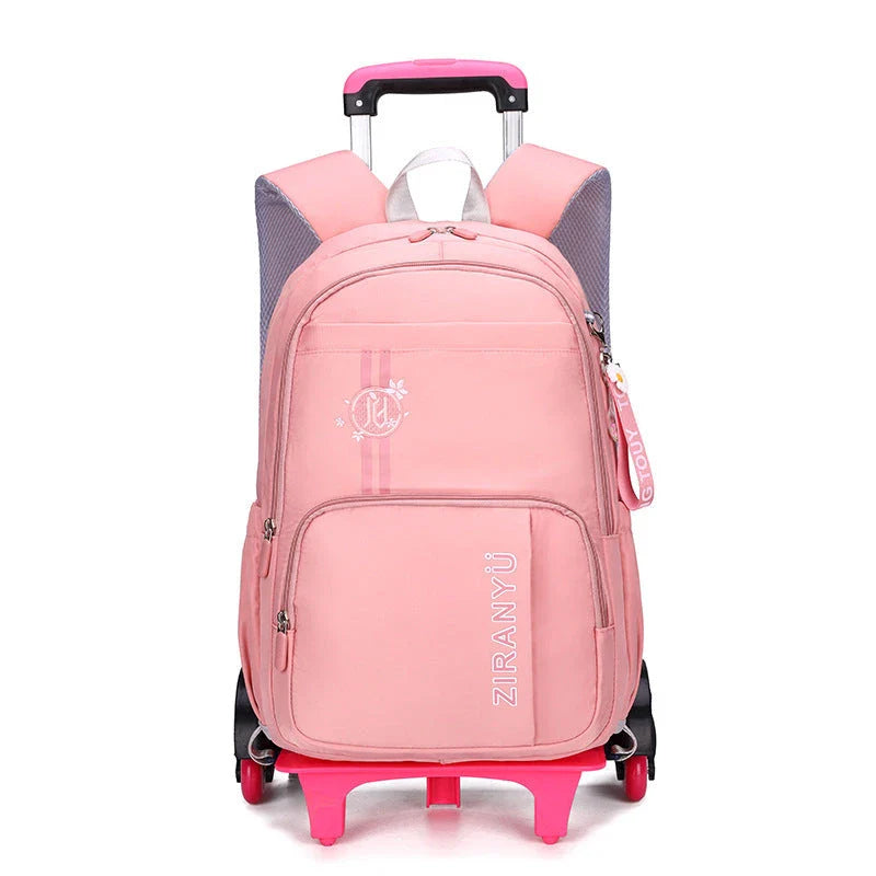 Durable nylon school backpack with retractable trolley handle and smooth-rolling wheels for easy transport