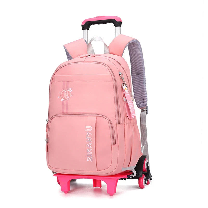 Durable nylon school backpack with retractable trolley handle and smooth-rolling wheels for easy transport