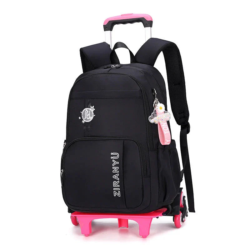 Durable nylon school backpack with retractable trolley handle and smooth-rolling wheels for easy transport