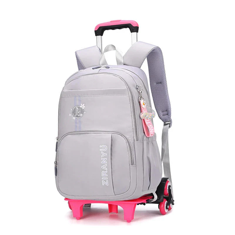 Durable nylon school backpack with retractable trolley handle and smooth-rolling wheels for easy transport