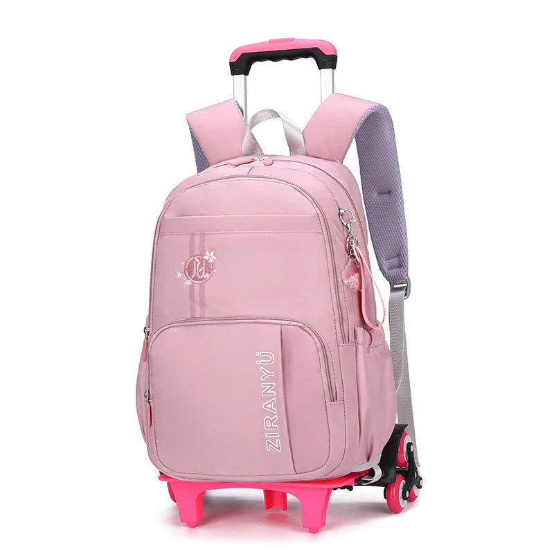 Durable nylon school backpack with retractable trolley handle and smooth-rolling wheels for easy transport