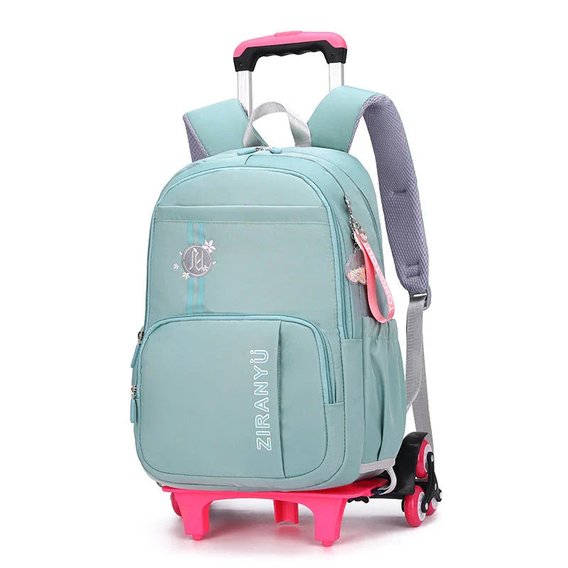 Durable nylon school backpack with retractable trolley handle and smooth-rolling wheels for easy transport