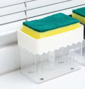Sleek 2-in-1 soap dispenser and sponge caddy with push-button operation, modern design, and large 380ml capacity