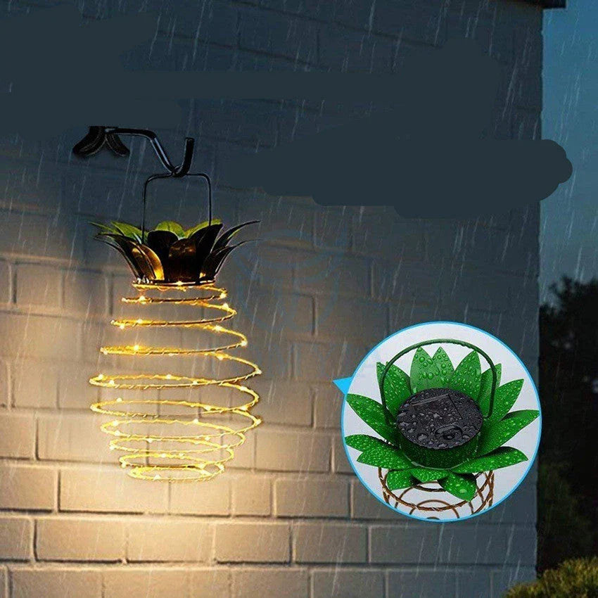 Elegant solar-powered garden lights with a whimsical pineapple design, automatically lighting up from dusk till dawn
