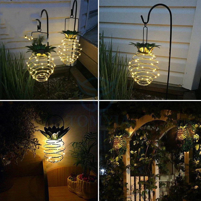 Elegant solar-powered garden lights with a whimsical pineapple design, automatically lighting up from dusk till dawn