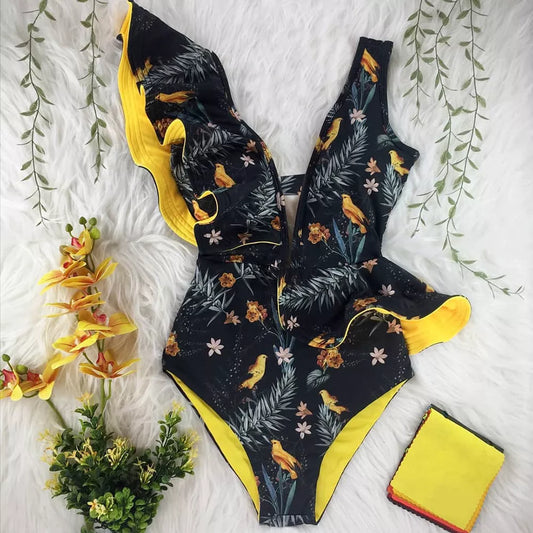 Women's blue one-shoulder ruffle swimsuit in printed polyester
