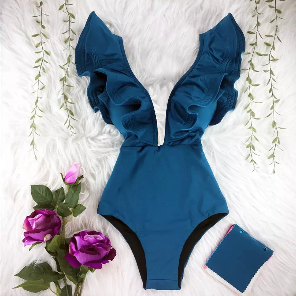 Women's blue one-shoulder ruffle swimsuit in printed polyester