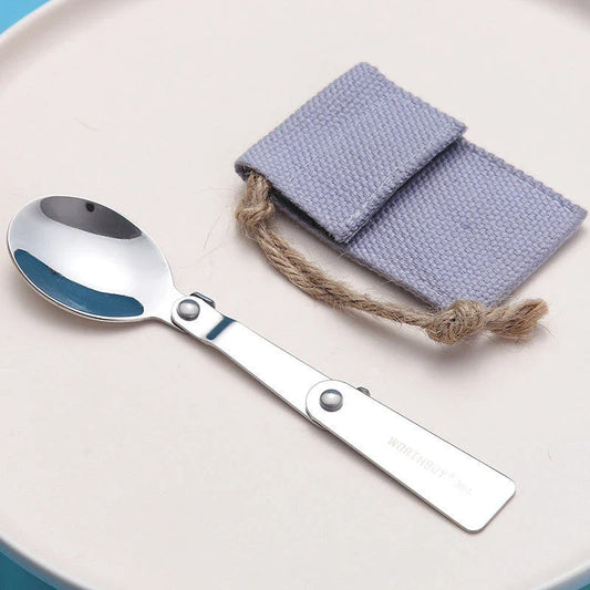 Stainless steel folding spoon set with carrying case, perfect for outdoor camping and picnics