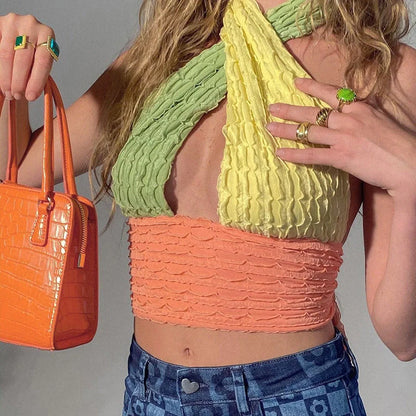 Women's patchwork hollow out knit crop top with V-neck design in colorful option