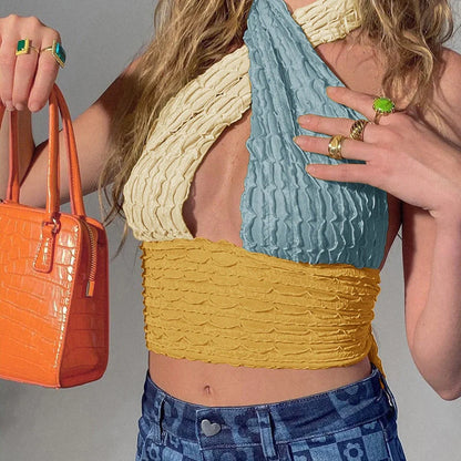 Women's patchwork hollow out knit crop top with V-neck design in colorful option