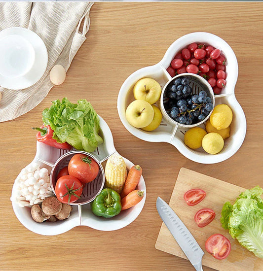 Versatile multi-compartment food organiser basket in various colours and sizes, featuring sturdy construction, detachable design, and Nordic-inspired style for efficient kitchen organisation.