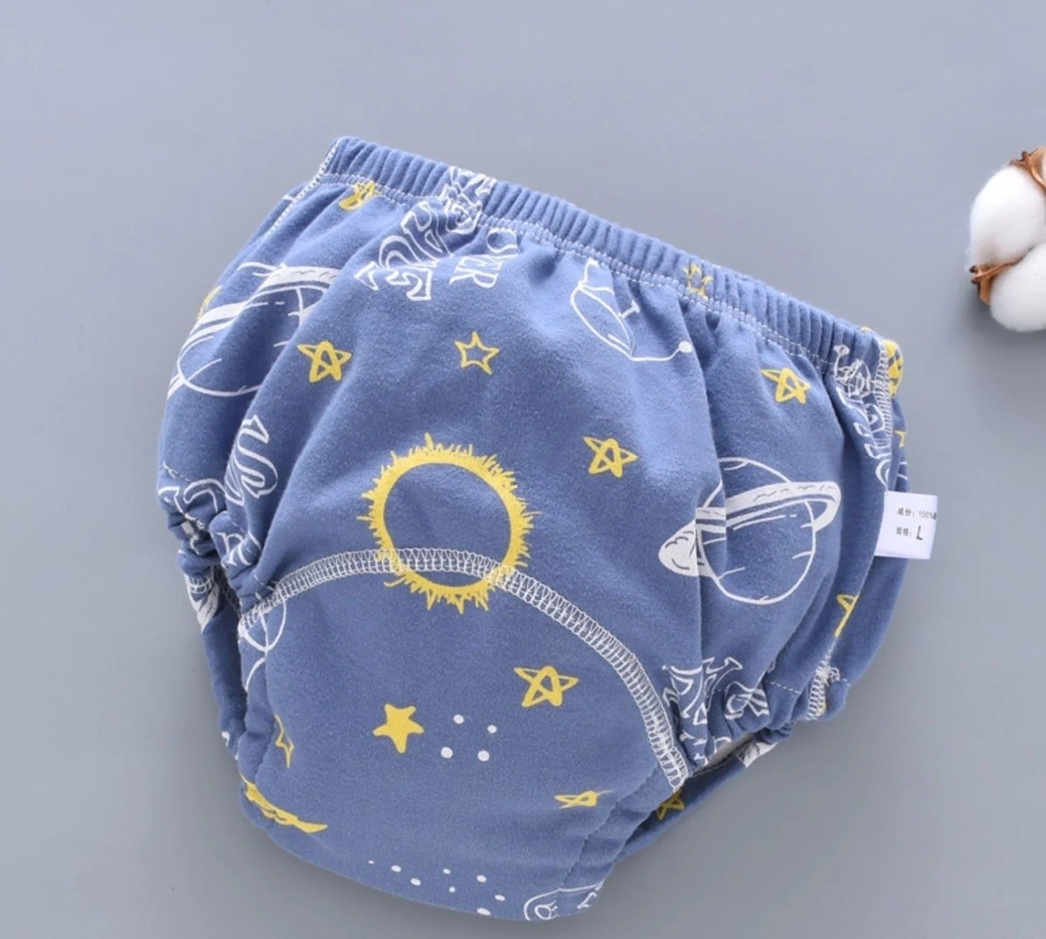 Baby reusable cloth diaper pants in dark blue, light blue, and pink, sizes S, M, L