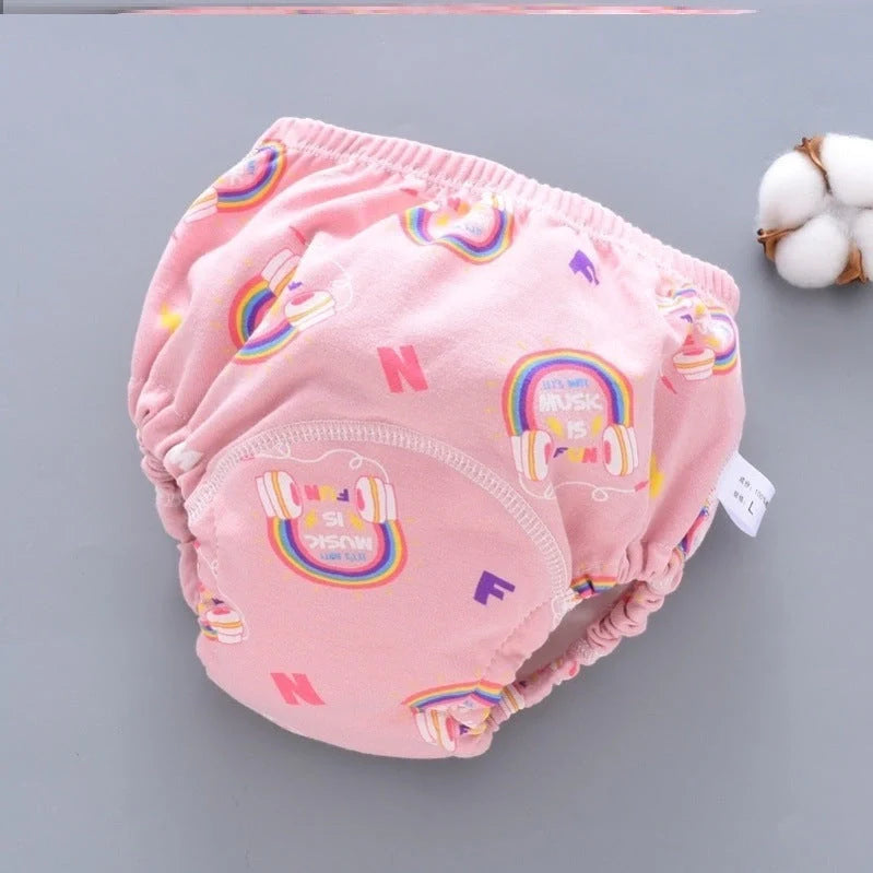 Baby reusable cloth diaper pants in dark blue, light blue, and pink, sizes S, M, L