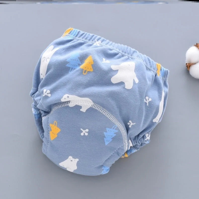 Baby reusable cloth diaper pants in dark blue, light blue, and pink, sizes S, M, L