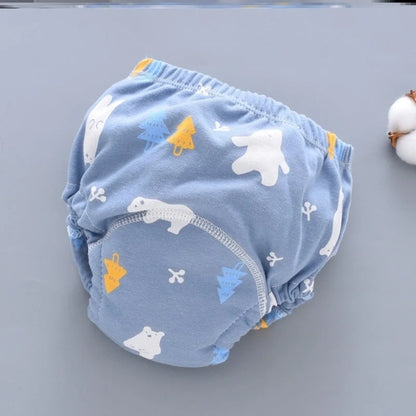 Baby reusable cloth diaper pants in dark blue, light blue, and pink, sizes S, M, L