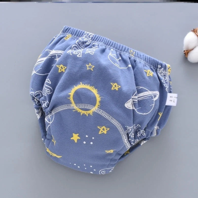 Baby reusable cloth diaper pants in dark blue, light blue, and pink, sizes S, M, L