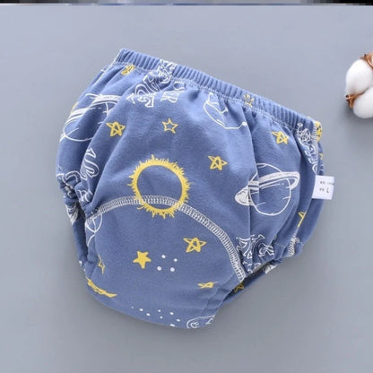 Baby reusable cloth diaper pants in dark blue, light blue, and pink, sizes S, M, L