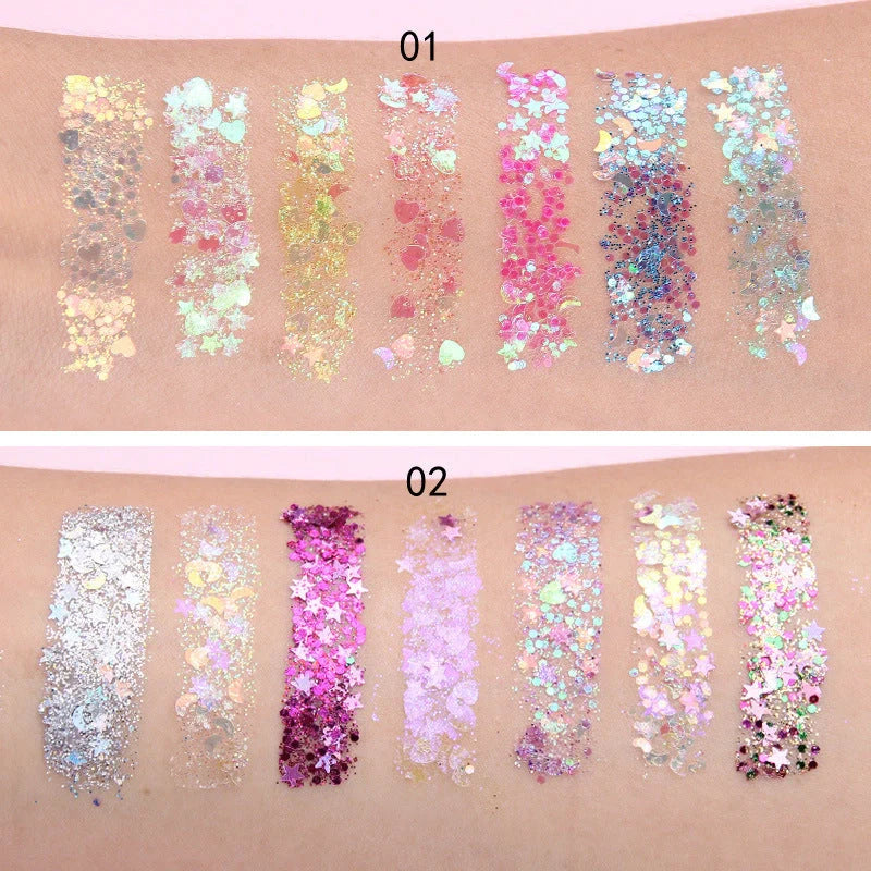 Festival cosmetic glitter eyeshadow in seven vibrant colours for face, body, and eye application