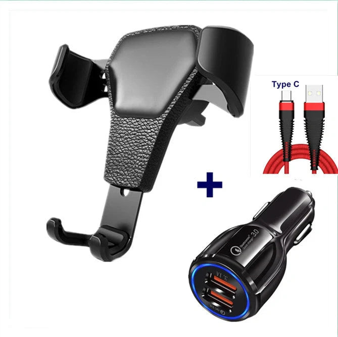 Leather grain gravity mobile phone car holder in black and white, securing a smartphone in a car