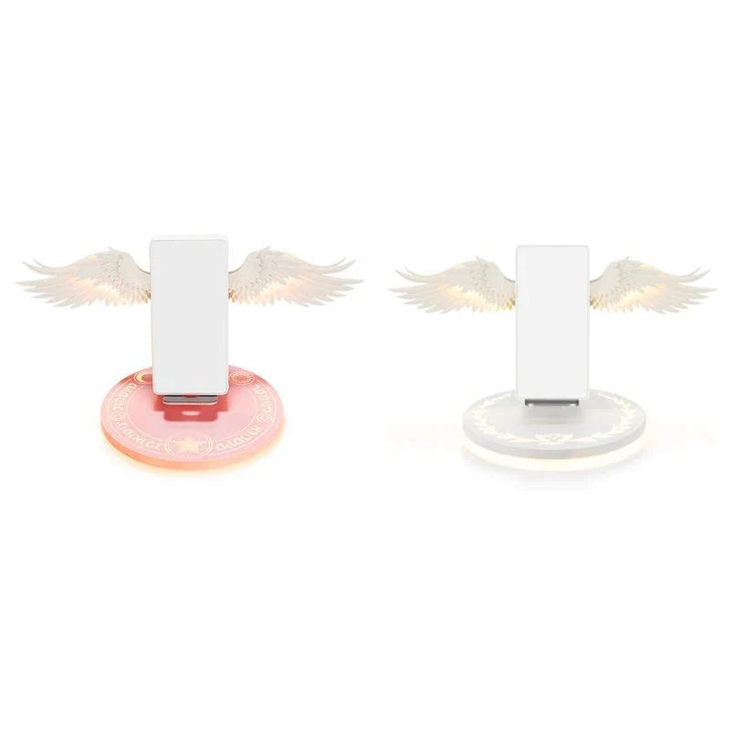 Stylish wireless charging dock with unfolding angel wings, providing fast and safe charging for compatible smartphones