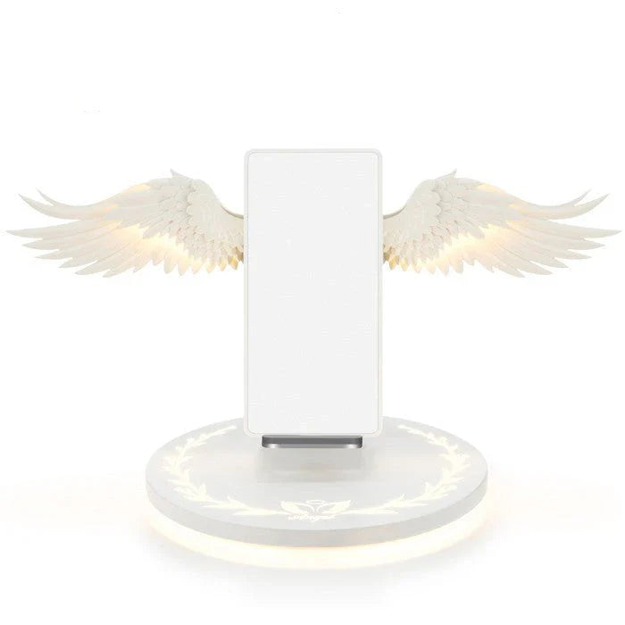 Stylish wireless charging dock with unfolding angel wings, providing fast and safe charging for compatible smartphones