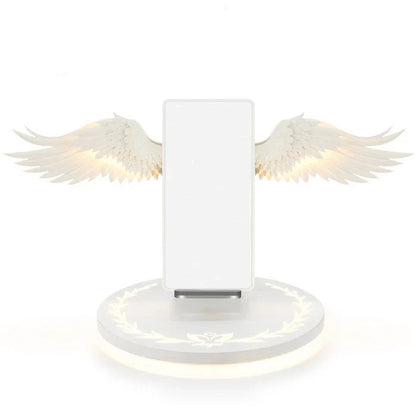Stylish wireless charging dock with unfolding angel wings, providing fast and safe charging for compatible smartphones