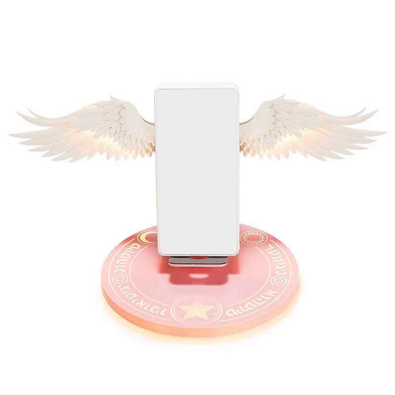 Stylish wireless charging dock with unfolding angel wings, providing fast and safe charging for compatible smartphones