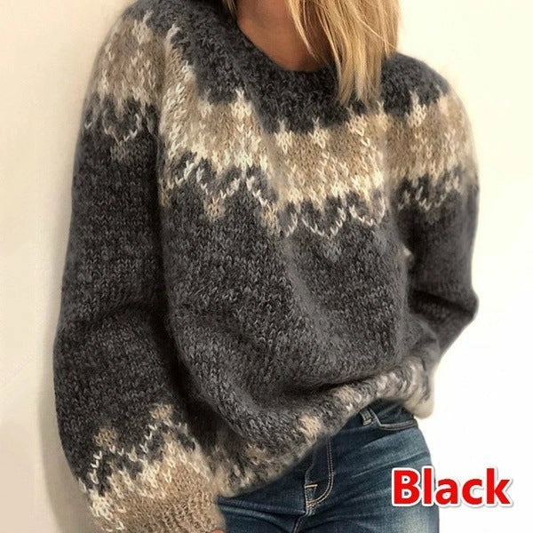 Ethnic style jacquard knitted pullover for women in various colours