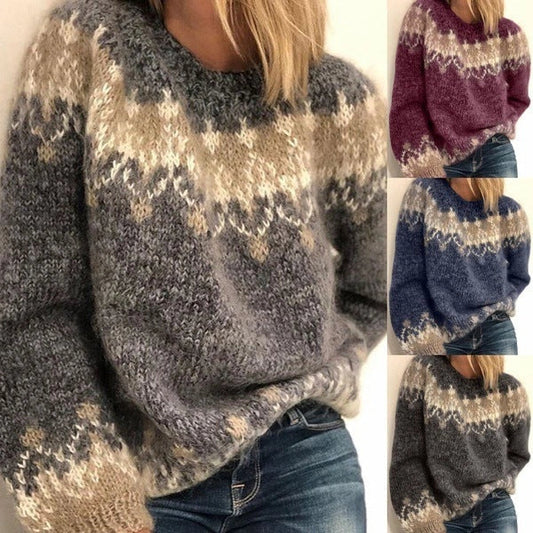 Ethnic style jacquard knitted pullover for women in various colours