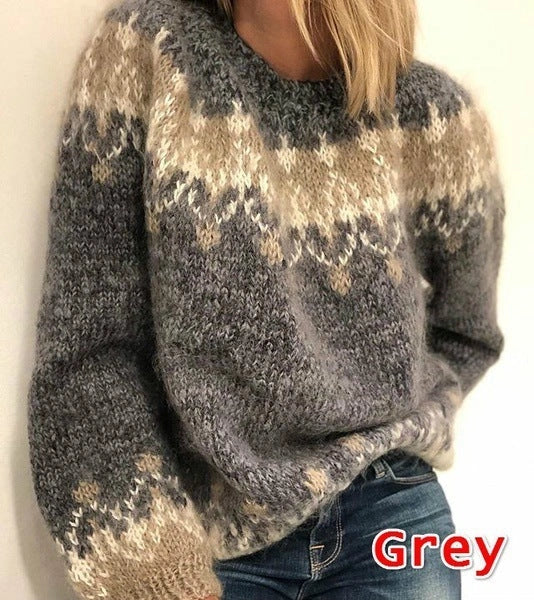 Ethnic style jacquard knitted pullover for women in various colours