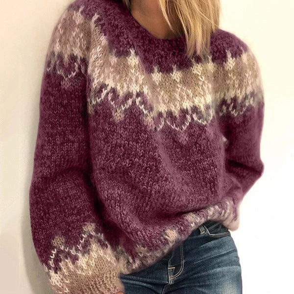 Ethnic style jacquard knitted pullover for women in various colours