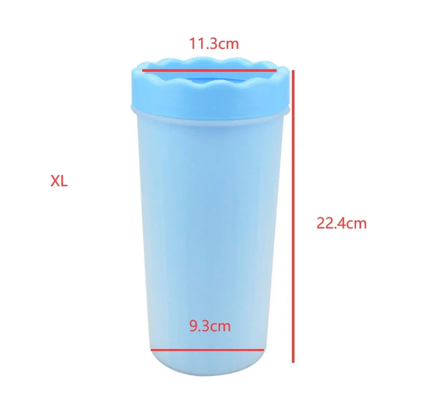 Silicone Dog Paw Washer Cup in various colors and sizes, featuring soft bristles for gentle cleaning.