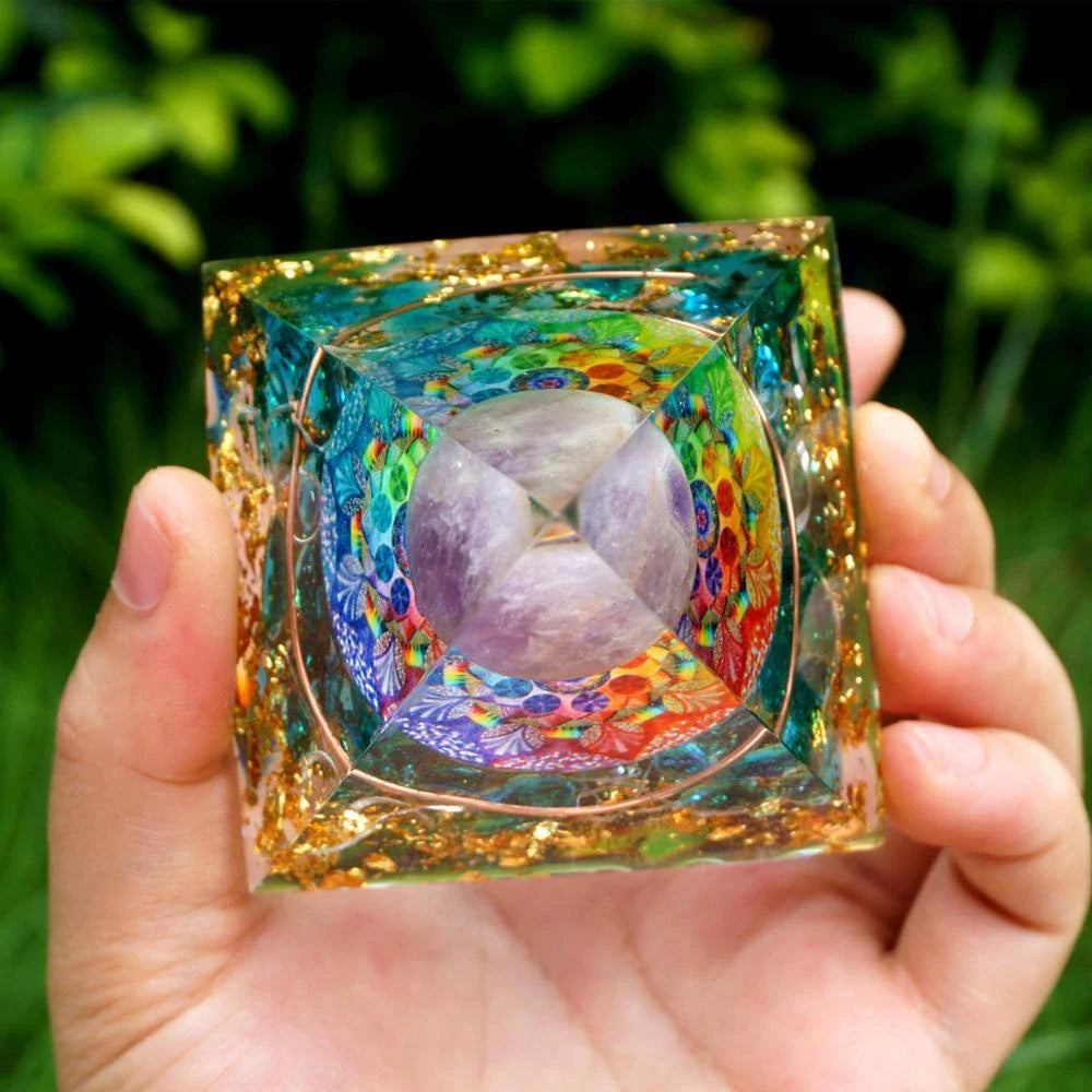 Handcrafted amethyst orgone pyramid with blue quartz, designed to protect against EMF and enhance energy levels in your home or office