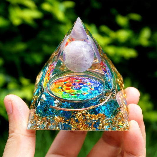 Handcrafted amethyst orgone pyramid with blue quartz, designed to protect against EMF and enhance energy levels in your home or office