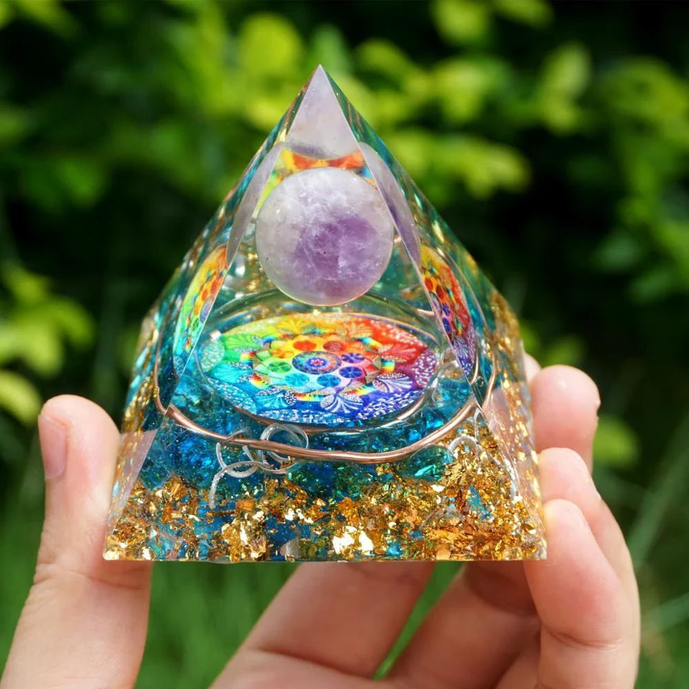 Handcrafted amethyst orgone pyramid with blue quartz, designed to protect against EMF and enhance energy levels in your home or office