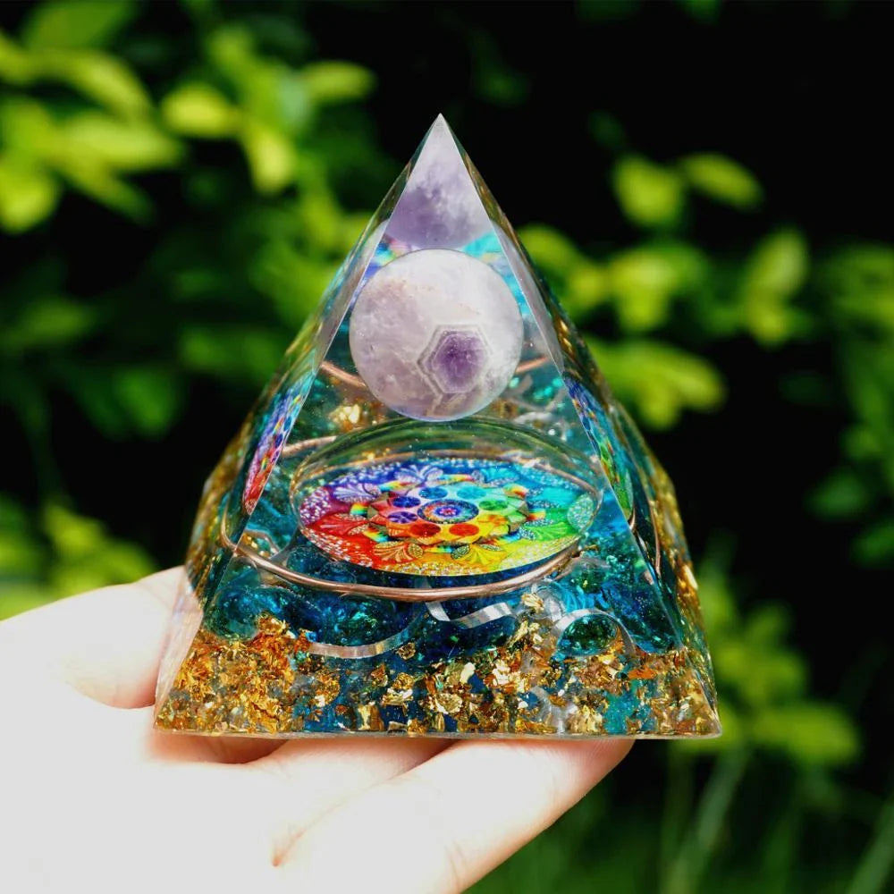 Handcrafted amethyst orgone pyramid with blue quartz, designed to protect against EMF and enhance energy levels in your home or office