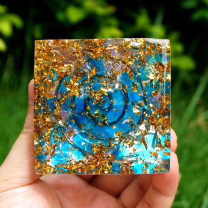 Handcrafted amethyst orgone pyramid with blue quartz, designed to protect against EMF and enhance energy levels in your home or office