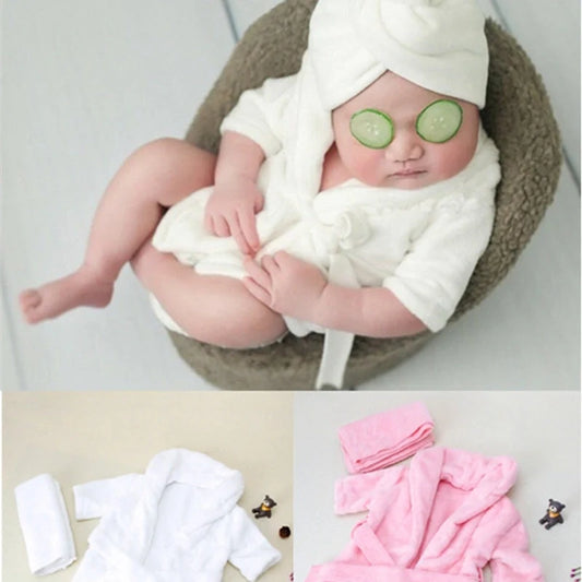 Baby bathrobe and towel set in pink and white, perfect for newborns