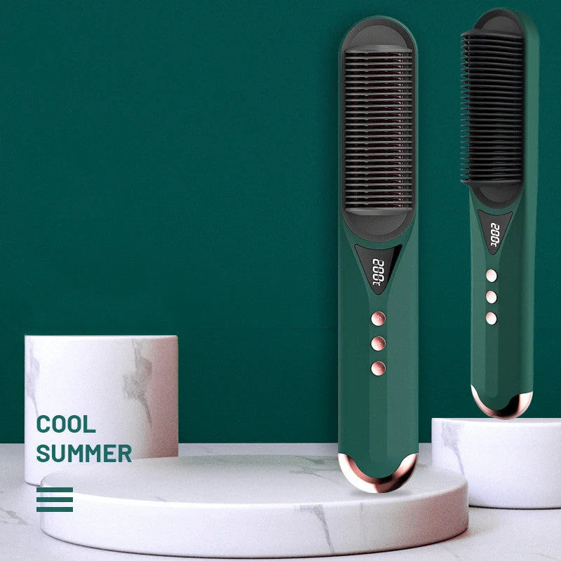 Dark green beard comb with PTC heating for straight and curly hair