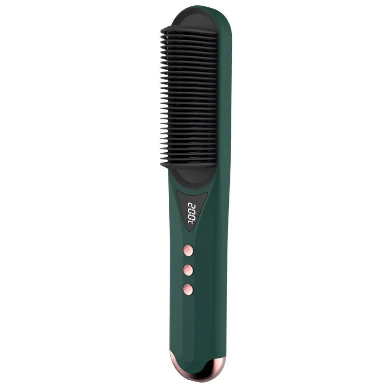 Dark green beard comb with PTC heating for straight and curly hair