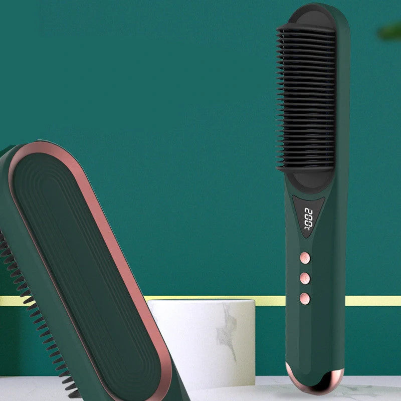 Dark green beard comb with PTC heating for straight and curly hair