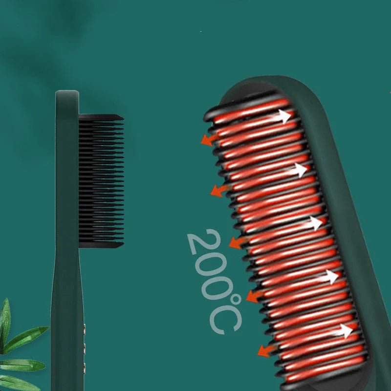 Dark green beard comb with PTC heating for straight and curly hair