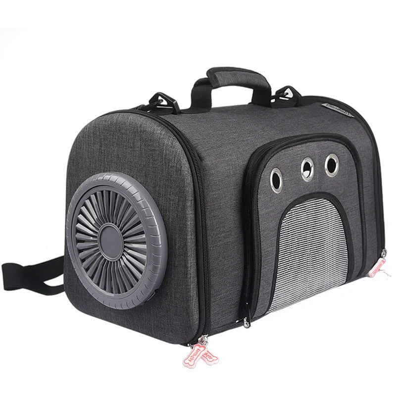 Space Cat Bag with mesh ventilation and silent fan for pet travel