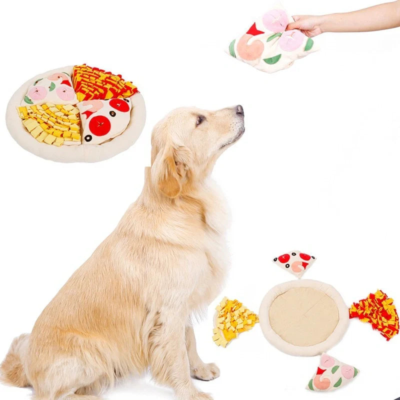 Pizza-themed dog sniffing mat for training and fun, made from soft polar fleece with anti-skid base.