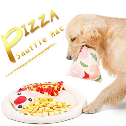 Pizza-themed dog sniffing mat for training and fun, made from soft polar fleece with anti-skid base.