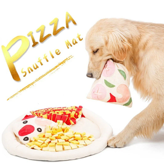 Pizza-themed dog sniffing mat for training and fun, made from soft polar fleece with anti-skid base.