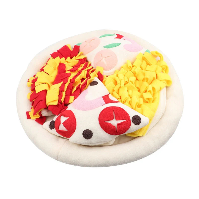 Pizza-themed dog sniffing mat for training and fun, made from soft polar fleece with anti-skid base.